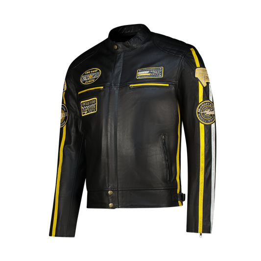 NEXO Café Racer Leather Jacket – Black/Yellow